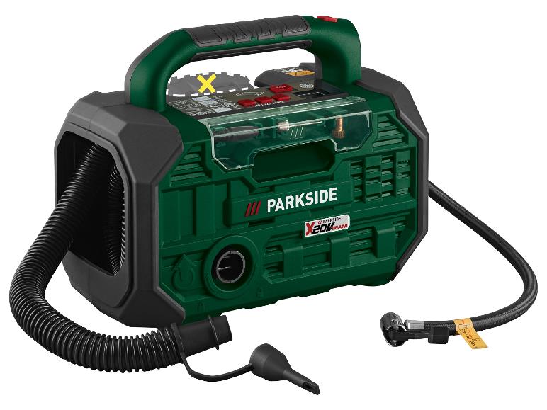 Kompresor i pompka PARKSIDE X 20V TEAM w kolorze zielonym i czarnym z wężami i akcesoriami.