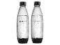 Dwie przezroczyste butelki SodaStream, wypełnione wodą gazowaną, z czarnymi podstawami.