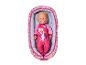 Lalka BABY born w różowym pajacyku z motywem króliczka, śpiąca w wzorzystym nosidełku.