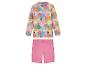 Kostium kąpielowy dla dzieci: góra z długimi rękawami, tropikalny nadruk i różowe spodenki.