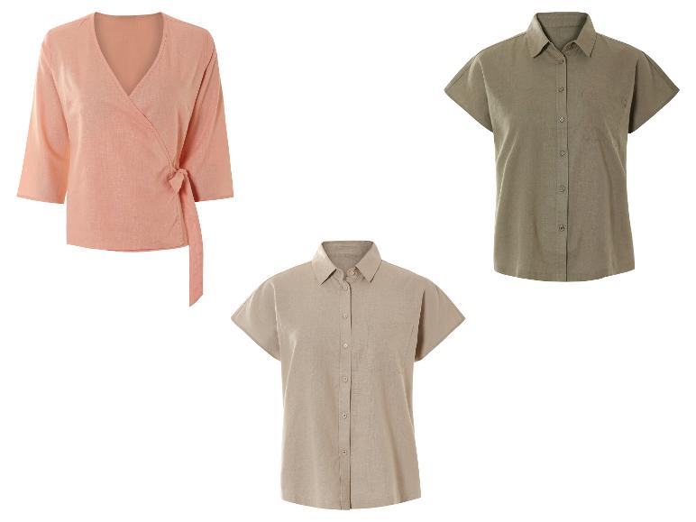 Koszule i bluzki lniane: model wiązany w kolorze koralowym oraz koszule o krótkich rękawach w kolorze beżowym i khaki.