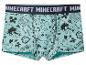 Jasnoniebieskie bokserki Minecraft z czarnym logo Minecraft na pasie i postaciami z gry.