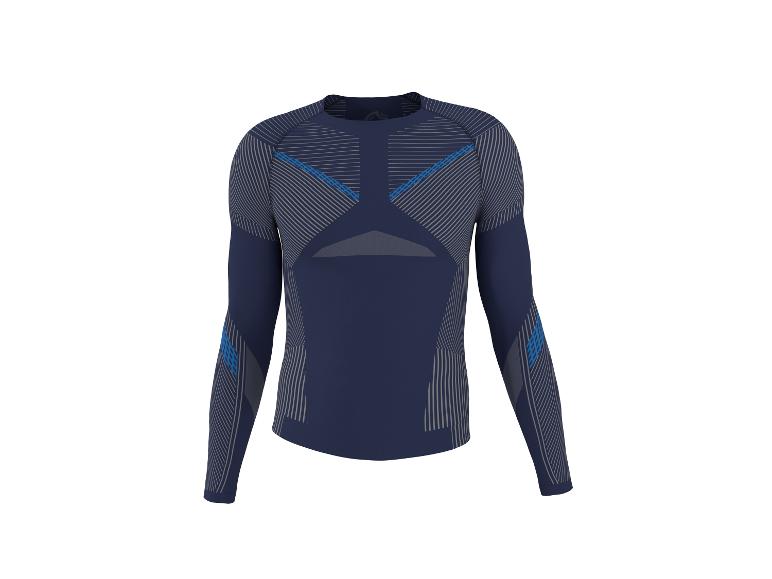 Granatowa koszulka sportowa z długim rękawem, szarymi paskami i niebieskimi akcentami.