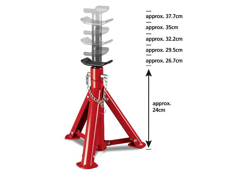 Czerwony podnośnik warsztatowy z regulacją wysokości od ok. 24 cm do ok. 37,7 cm.