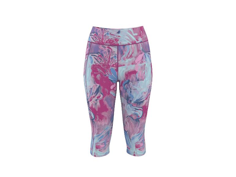 Legginsy fitness capri z abstrakcyjnym wzorem w kolorach różowym, niebieskim i fioletowym.