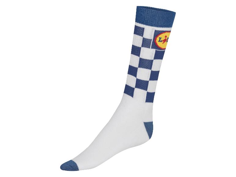 Skarpety Le Coq Sportif w biało-niebieską kratę.