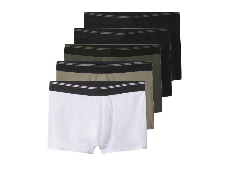 Zestaw pięciu bokserek męskich w kolorach białym, khaki i czarnym.