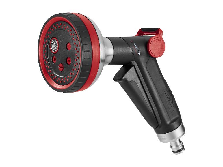 Czarno-czerwony pistolet do podlewania PARKISDE z różnymi rodzajami strumienia