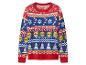 Świąteczny sweter Lidl z niebieskimi, czerwonymi i białymi wzorami, w tym logo Lidl, płatkami śniegu i choinkami.