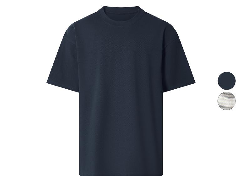 Granatowy T-shirt z krótkim rękawem i okrągłym dekoltem, z próbkami kolorów gładkich i w paski.