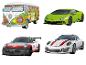 Cztery puzzle 3D z samochodami: bus VW, zielone Lamborghini i dwa Porsche.