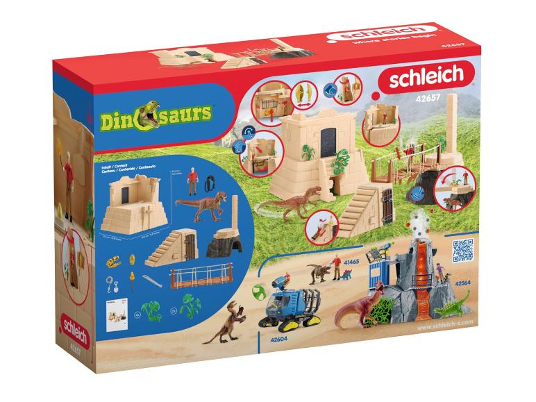 Zestaw Schleich z dinozaurami, wulkanem, jeepem i świątynią.