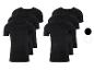 Sześć czarnych t-shirtów z krótkim rękawem i dekoltem w kształcie litery V.