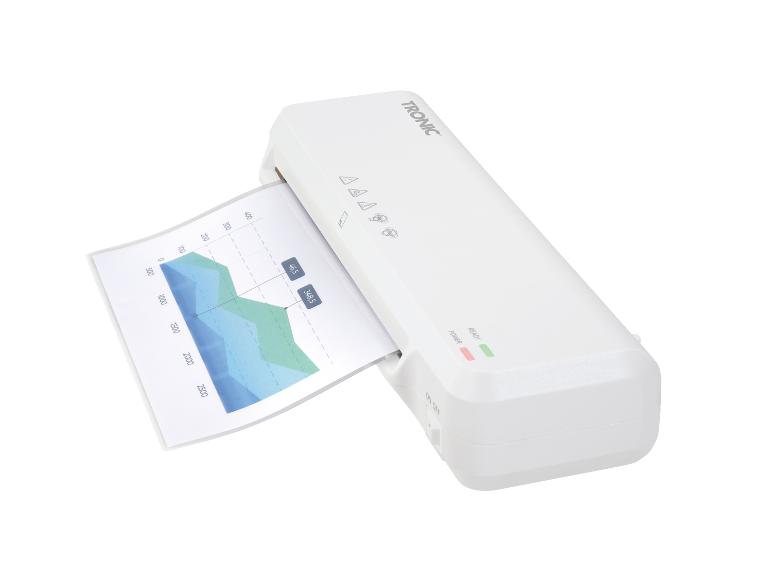 Laminator TRONIC z arkuszem papieru laminowanym, wyświetlającym wykres