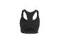 Czarny damski biustonosz sportowy z wycięciem na plecach.