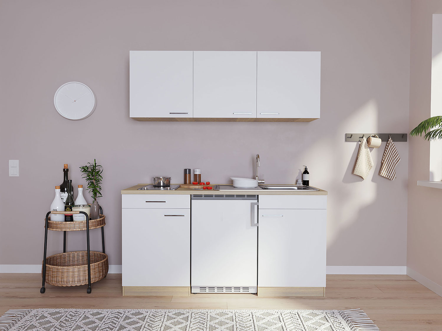 respekta minianeks kuchenny dąb sonoma szorstki 150 - 180 cm (Bez kuchenki mikrofalowej, biały z płytą szklano-ceramiczną, Breite 150cm)