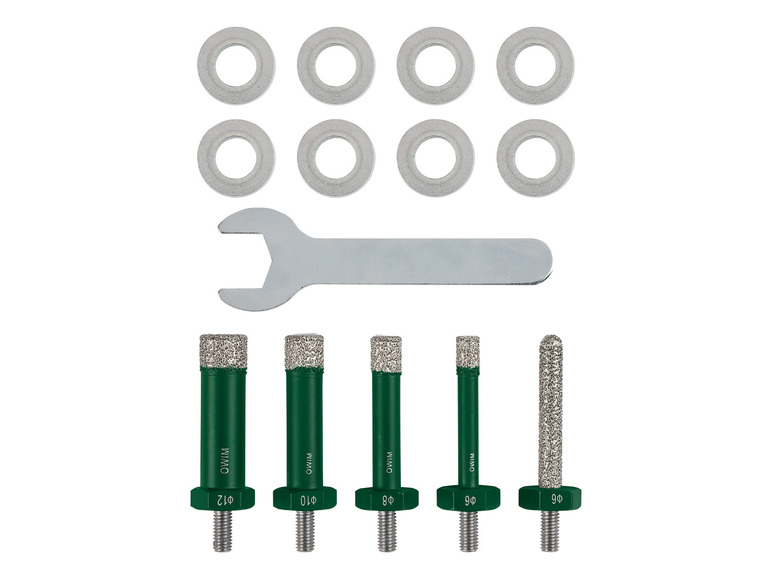 Zestaw sześciu wierteł diamentowych, klucza i pierścieni.