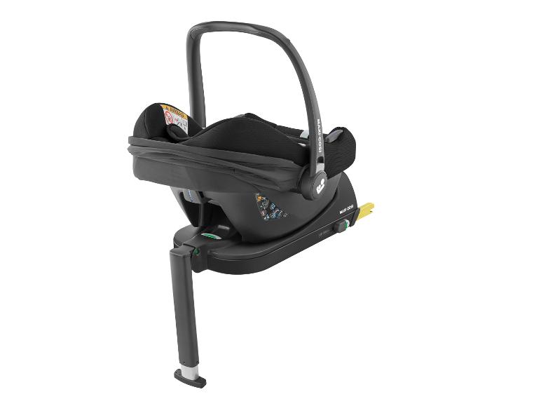 Czarny fotelik samochodowy Maxi-Cosi z bazą Isofix i nogą podpierającą