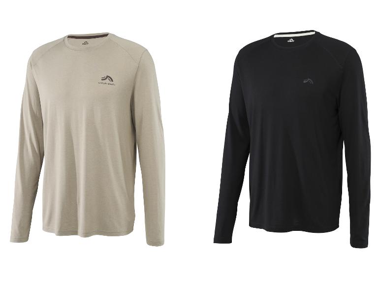 Dwie koszulki CRIVIT z długim rękawem, jedna beżowa i jedna czarna, z logo „GARDEN EARTH”.