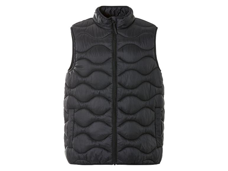 Czarna, pikowana kamizelka zapinana na zamek błyskawiczny.