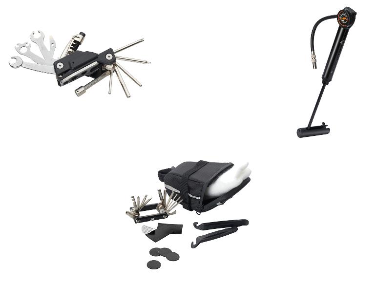 Zestaw naprawczy do roweru z multitool'em, pompką, torbą podsiodłową, łyżkami do opon i łatkami.