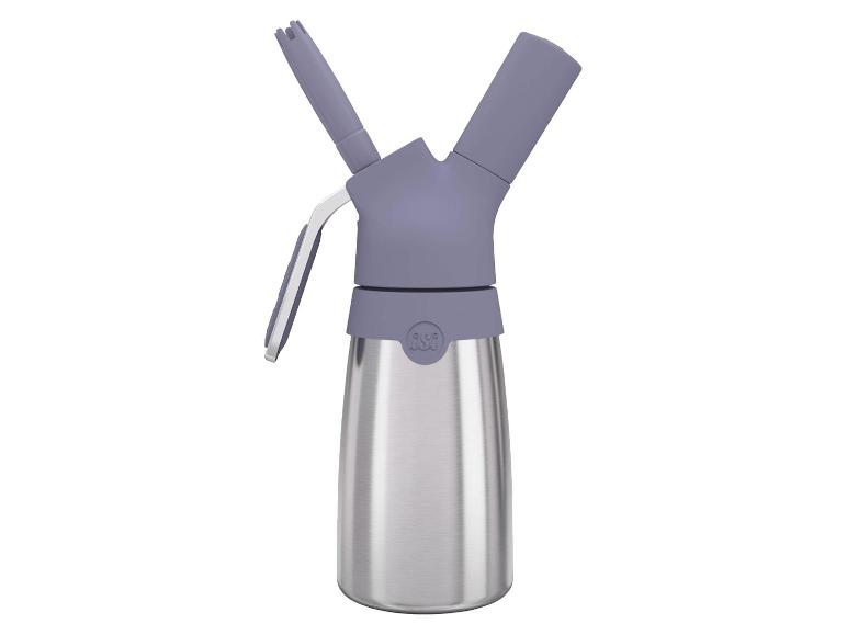 Ubijak do śmietany OXO Good Grips ze stali nierdzewnej z fioletową głowicą.