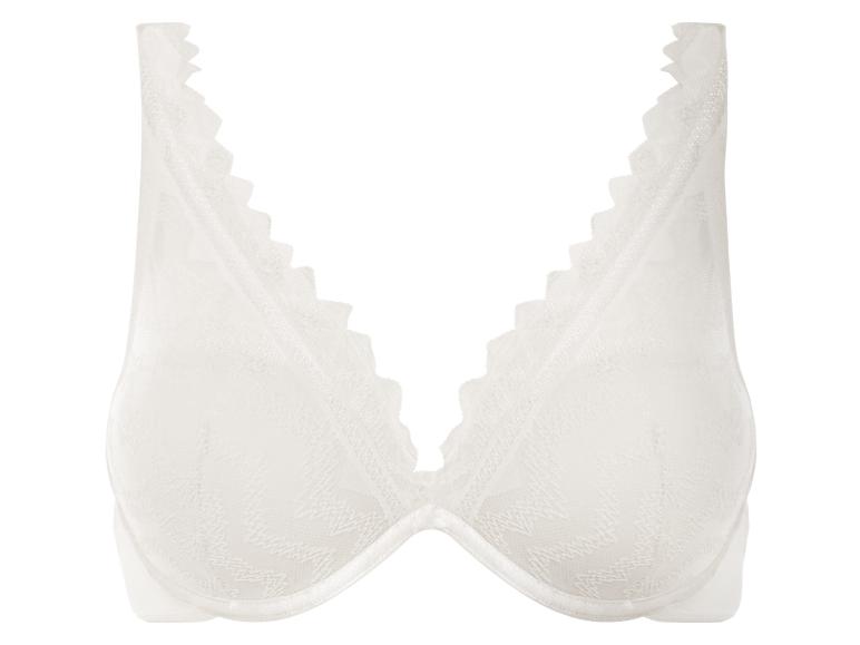 Biały biustonosz z koronki z dekoltem w kształcie litery V.