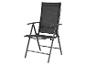 Czarne, składane krzesło ogrodowe z podłokietnikami.