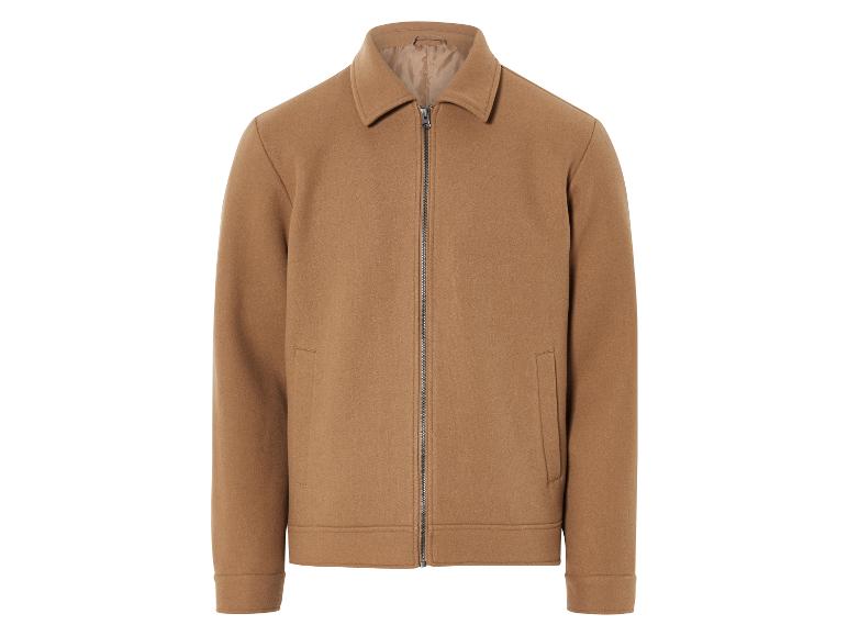 Brązowa wełniana kurtka zapinana na zamek błyskawiczny.