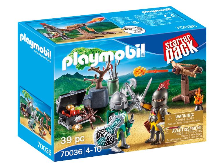 Zestaw startowy Playmobil z dwoma rycerzami, skrzynią skarbów i katapultą.