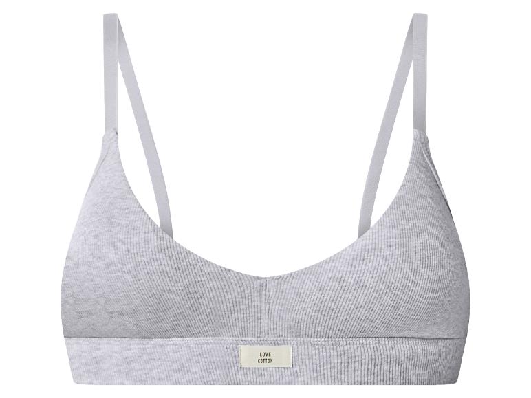 Szary, prążkowany bawełniany biustonosz typu bralette z cienkimi ramiączkami i metką 