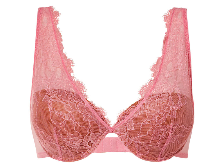 Różowa koronkowa biustonosz z głębokim dekoltem w kształcie litery V.