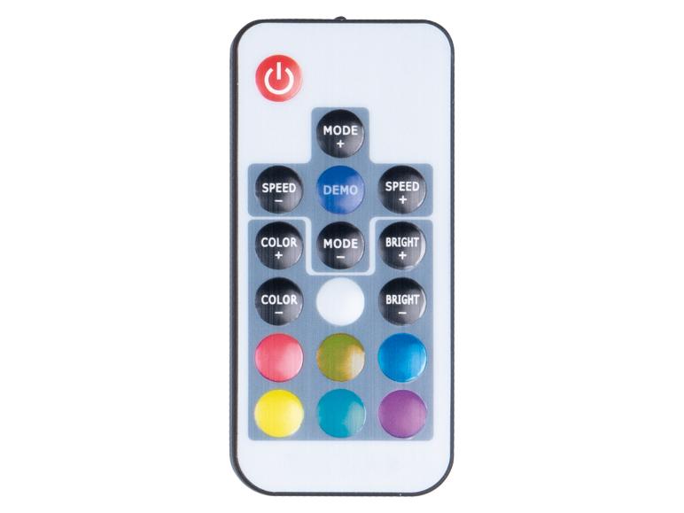 Biały pilot z czarnymi i kolorowymi przyciskami do sterowania światłem.