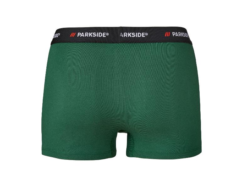 Zielone bokserki z czarnym elastycznym pasem, białym napisem 'PARKSIDE®' i czerwonym znakiem.