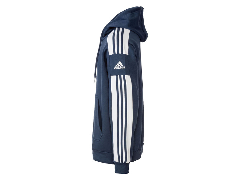 Niebieska bluza z kapturem Adidas z białymi paskami.