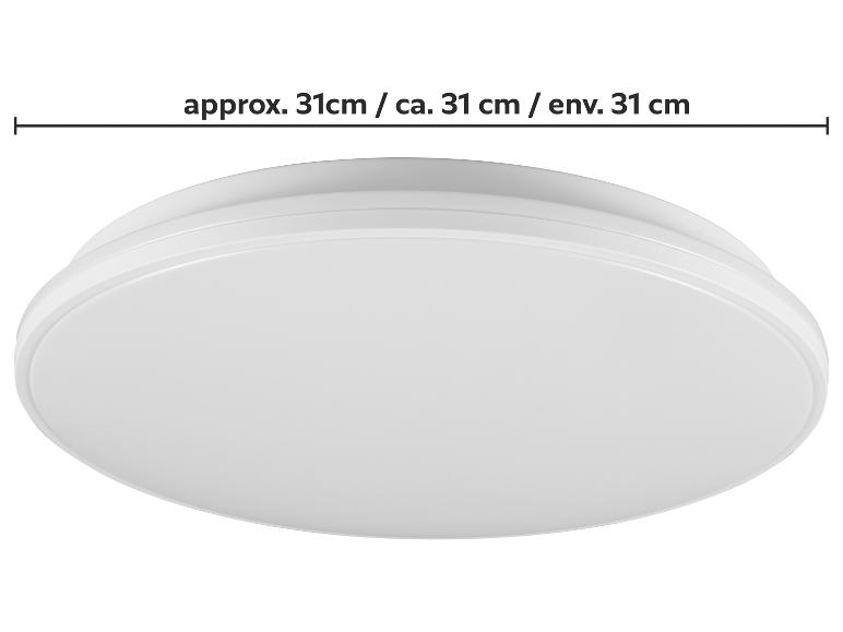 Biała okrągła lampa sufitowa LED o średnicy ok. 31 cm.