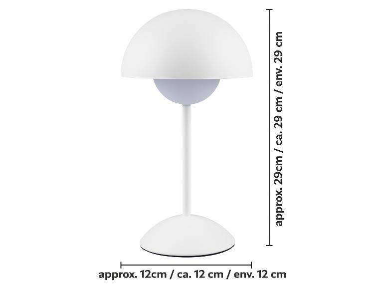 Biała lampa stołowa z kloszem w kształcie kopuły, o wymiarach 29 cm wysokości i 12 cm podstawy.