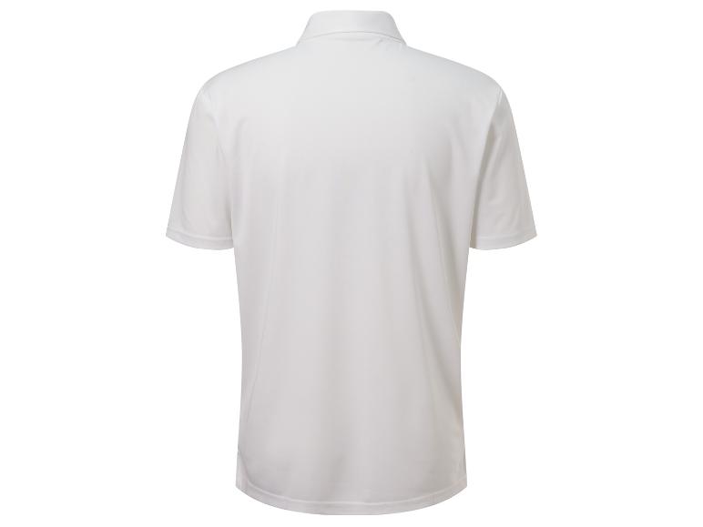Biały polo z krótkim rękawem, widok z tyłu.