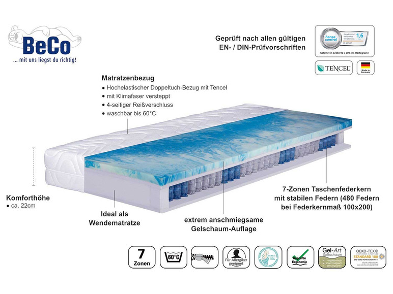 BeCo 7-strefowy materac kieszeniowy »Pro Gel Perfekt TFK«, przyjazny dla skóry, oddychający.