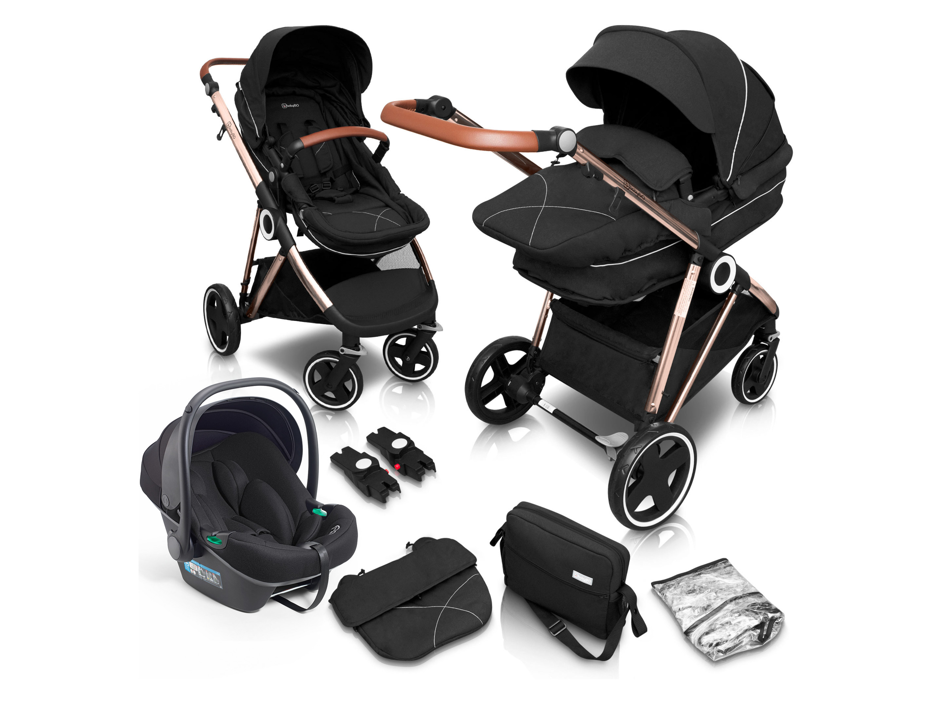 BabyGO Wózek 3w1 Buggy «Halime AIR Pram », z gondolą, spacerówką i fotelikiem samochodowym (Złoty czarny)