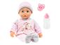 Lalka bobas w różowym ubranku z jednorożcem i akcesoriami.