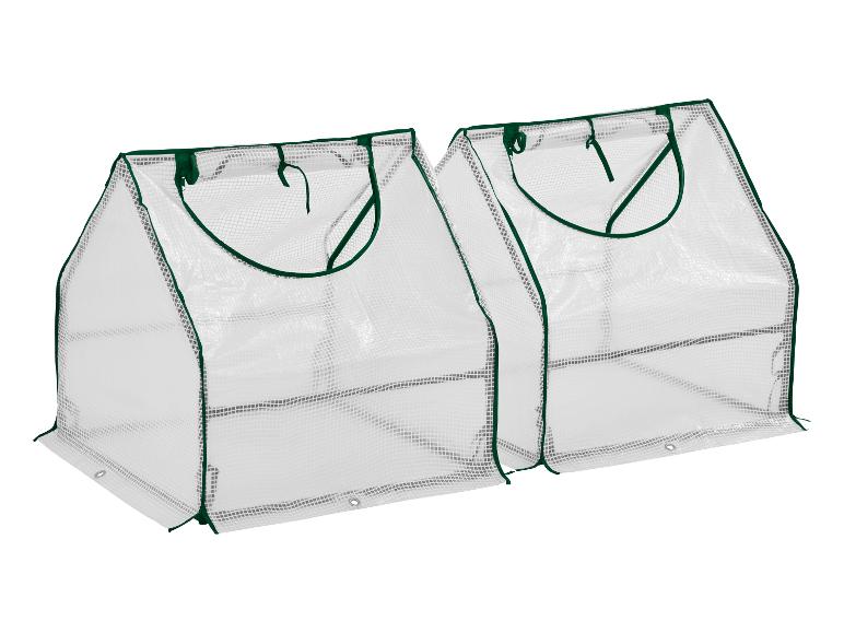 Dwa przezroczyste szklarnie ogrodowe z zieloną ramą