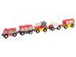 Drewniany pociąg zabawkowy z wozem strażackim, wagonami towarowymi, szlabanem, wężem i cysternami