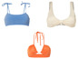 Trzy bikini top: niebieski z kokardkami, biały z kokardą i pomarańczowy z dekoltem halterowym.