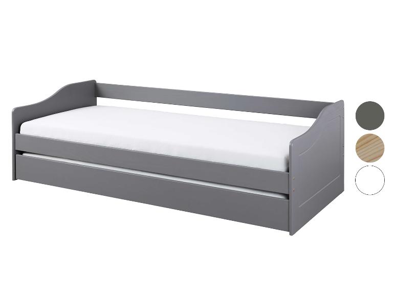 Szara drewniana sofa-łóżko ze szufladą.