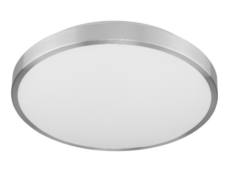 Okrągła lampa sufitowa LED ze szczotkowanym metalowym wykończeniem i białym dyfuzorem.