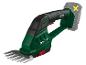 Zielone nożyce do żywopłotu Parkside X20V Team z ostrzem.