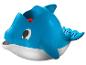 Niebieska zabawka do kąpieli w kształcie delfina z czerwonymi kulkami.