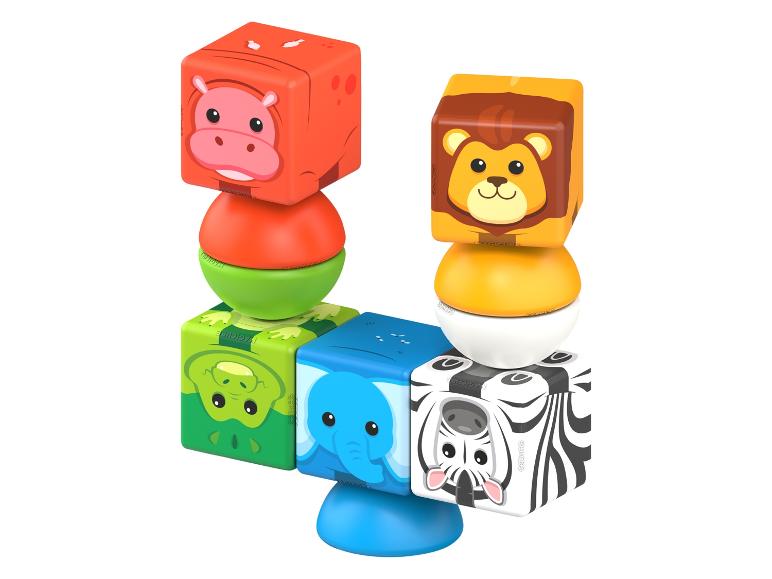 Kolorowe magnetyczne klocki ze zwierzętami: hipopotam, lew, krokodyl, słoń i zebra.