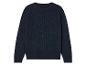 Granatowy sweter z ażurowym wzorem.